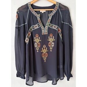 All About Her Womens Embroidered Sheer Blouse M Boho Peasant Top Indie Whimsical